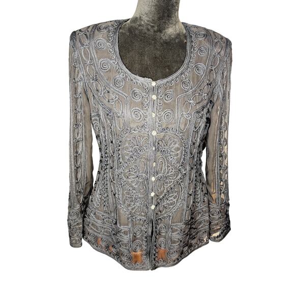 Nordstrom Rack Women's Euro 38 US 8 Black Sheer Applique Jacket/Top Buttons NWT - Picture 1 of 7